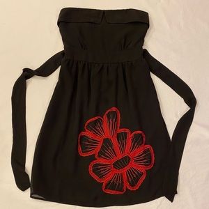 Strapless Navy Dress with Red flower Detail